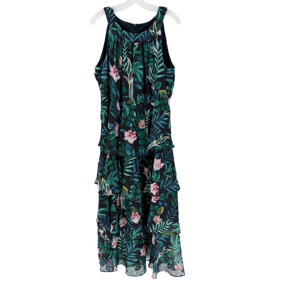 IGNITE EVENINGS Floral Tiered Maxi Dress Tropical Sleeveless Gown Black Pink 18W